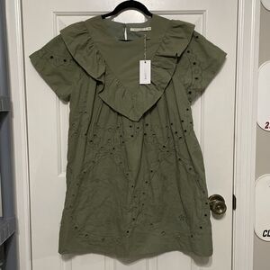 Ellison Womens M Dress Olive Green Eyelet Pocket Lagenlook Prairie Bib Tunic